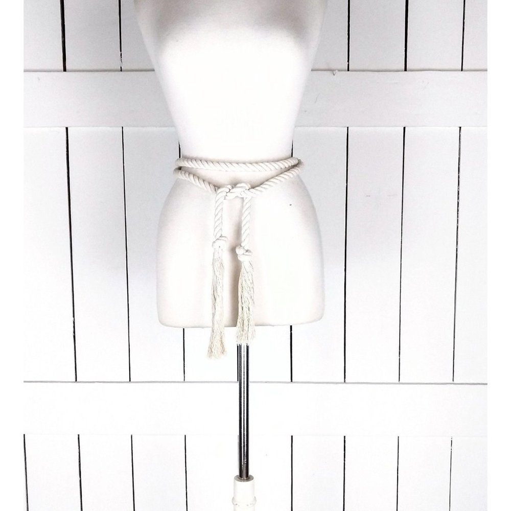 CIvory long woven braided rope knotted fringe tassel tie belt